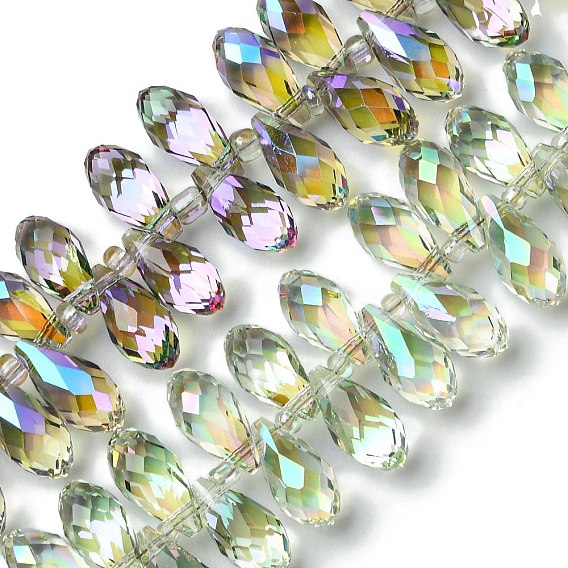 Прозрачные стеклянные бусины гальваническим пряди, с половиным покрытием цвета радуги, граненые, слеза