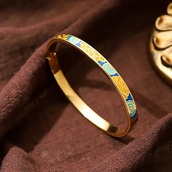 304 Stainless Steel Enamel Hinged Cuff Bangles for Women, Real 18K Gold Plated