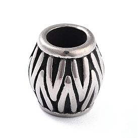 304 Stainless Steel European Beads, Large Hole Beads, Barrel with Floral Pattern
