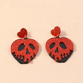 Sparkling Acrylic Heart with Skull Dangle Stud Earrings, Halloween Iron Jewelry for Women