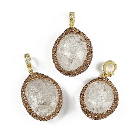 Natural Crackle Quartz Crystal Pendants, Topaz Rhinestone Wrapped Oval Charms with Brass Clasps