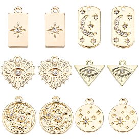 24 шт 6 стили подвески из сплава, с кристально горный хрусталь, без кадмия, без никеля и без свинца, плоские круглые и солнечные и сердечные шармы, разнообразные