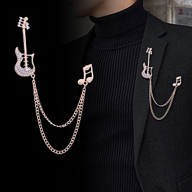 Guitar Musical Note Alloy Crystal Rhinestone Hanging Chain Brooch