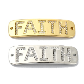 Rack Plating Brass Micro Pave Clear Cubic Zirconia Curved Rectangle Connector Charms, Word FAITH Links, Long-Lasting Plated, Lead Free & Cadmium Free