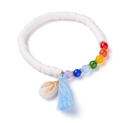 Natural Cowrie Shell & Tassel Charm Bracelet, Natural Malaysia Jade(Dyed) & Non-magnetic Synthetic Hematite Beads 7 Chakra Stretch Bracelet, Polymer Clay Disc Beads Bracelet for Beach Vacation
