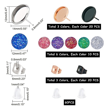 Unicraftale DIY Earring Making Kits, with 304 Stainless Steel Stud Earring Findings, Imitation Druzy Agate Resin Cabochons, Flat Round