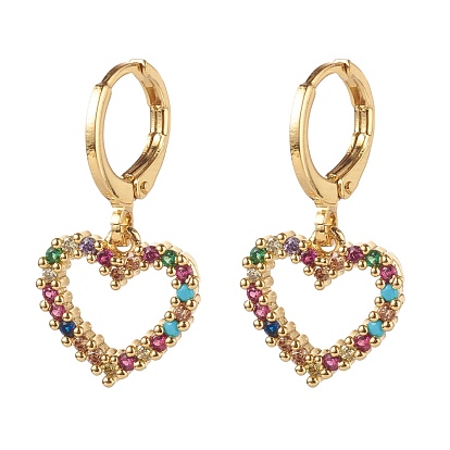 Brass Micro Pave Cubic Zirconia Huggie Hoop Earrings, Heart, Colorful