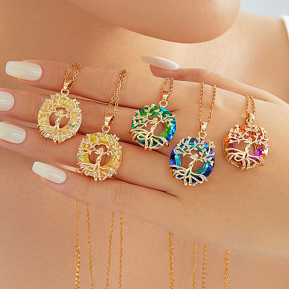 Элегантные полые ожерелья из латуни и стекла с подвесками в виде деревьев, золотые