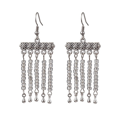 304 Stainless Steel Flower Chandelier Earrings, Glass Beaded Tassel Earrings