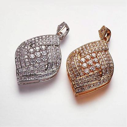 Brass Micro Pave Cubic Zirconia Pendants, Long-Lasting Plated, Rhombus