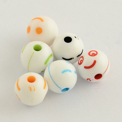 Opaque Acrylic Beads, Round with Facial Expression, 8x7.5mm, Hole: 2mm, about 1850pcs/500g
