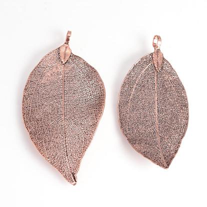 Electroplated Natural Leaf Big Pendants, with Iron Findings