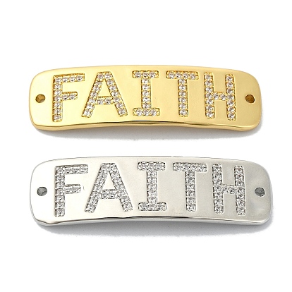 Rack Plating Brass Micro Pave Clear Cubic Zirconia Curved Rectangle Connector Charms, Word FAITH Links, Long-Lasting Plated, Lead Free & Cadmium Free