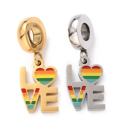 304 Stainless Steel European Dangle Charms, with Enamel, Large Hole Pendants, Word Love