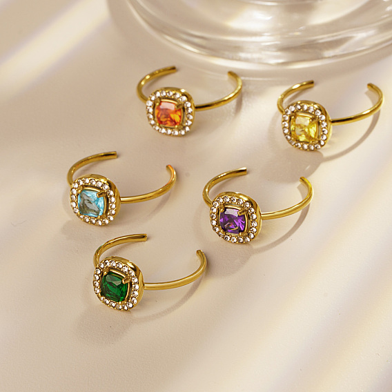 Регулируемые открытые манжеты из нержавеющей стали с микропаве из кубического циркония для женщин, квадратный, реальный 18 k позолоченный