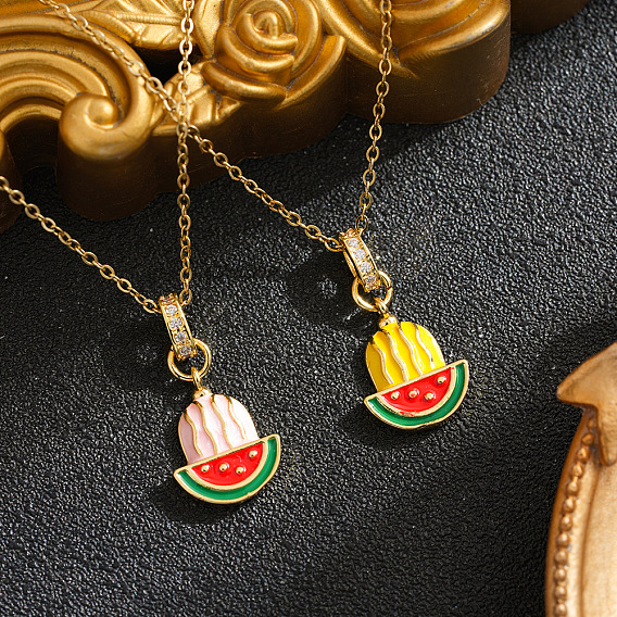 Summer Brass Micro Pave Clear Cubic Zirconia Enamel Watermelon Pendant 201 Stainless Steel Cable Chain Necklaces for Women, Golden