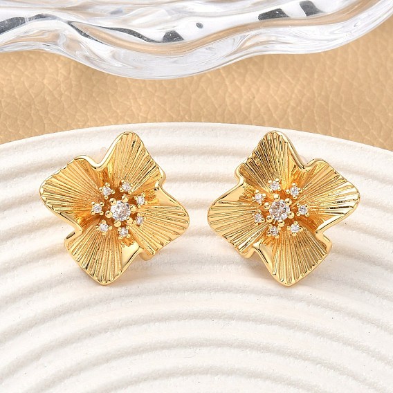 Серьги-гвоздики в форме цветка с микропаве из прозрачных кубических цирконий из латуни, без никеля 