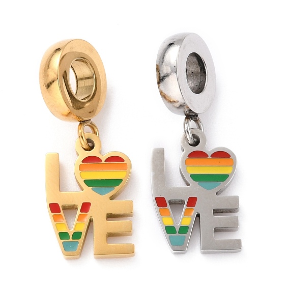 304 Stainless Steel European Dangle Charms, with Enamel, Large Hole Pendants, Word Love