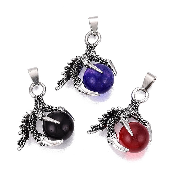 Alloy Glass Pendants, Round with Dragon Claw Charms, Antique Silver