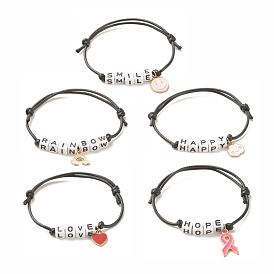 5Pcs 5 Style Heart & Ribbon & Cloud Alloy Charms Bracelets Set, Acrylic Word Love Beaded Bracelets for Women
