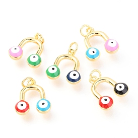 Brass Enamel Pendants, Long-Lasting Plated, Real 18K Gold Plated, with Jump Rings, Round with Evil Eye
