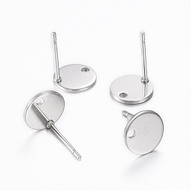 201 Stainless Steel Stud Earring Findings, with 304 Stainless Steel Pin and Loop, Flat Round