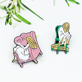 Lonely Sofa Girl Pin Set with Letter Ribbon, Heart Pillow and Thoughtful Badge
