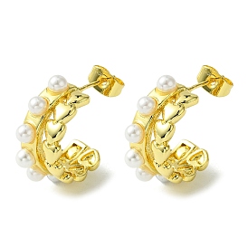 Brass Heart Stud Earrings with ABS Imitation Pearl, Half Hoop Earrings