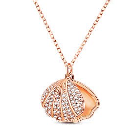 Brass Pendant Necklaces, with Cable Chains, Cubic Zirconia and Shell Pearl, Scallop Shell Shape(Chain Extenders Random Style)