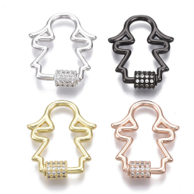 Brass Micro Pave Clear Cubic Zirconia Screw Carabiner Lock Charms, for Necklaces Making, Girl, Nickel Free