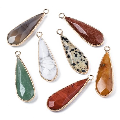 Natural & Synthetic Gemstone Pendants, with Golden Plated Brass Edge and Loop, Teardrop, Faceted