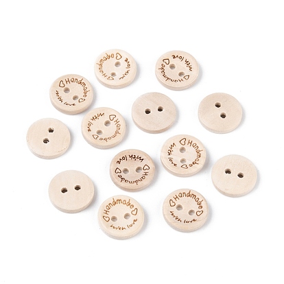 Wooden Buttons, 2-Hole, with Word, Flat Round with Word Handmade with Love