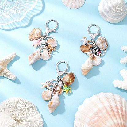 3 шт. непрозрачных акриловых имитаций ракушек и синтетических бирюзовых брелоков, с железными разрезными брелоками, формы раковины, платина