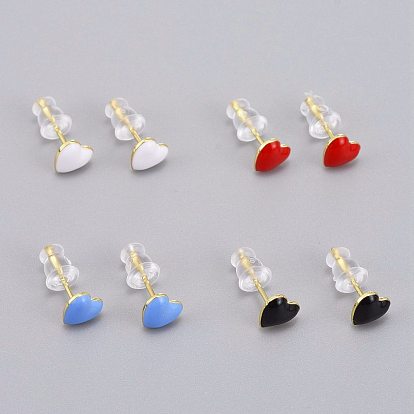 Brass Enamel Stud Earrings, with Plastic Ear Nuts, Long-Lasting Plated, Heart, Real 18K Gold Plated