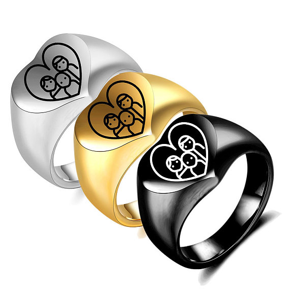 304 палец кольца из нержавеющей стали, сердце с семейным узором