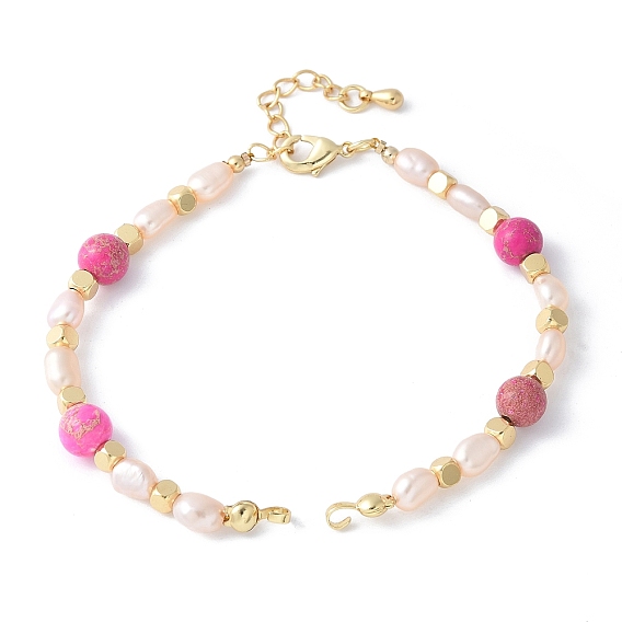 Изготовление браслета из круглых бусин из латуни, натурального жемчуга и окрашенной ярко-розовой императорской яшмы, с латунным когтя омара застежками и удлинителей цепей, стойки покрытие, долговечный, без кадмия и без свинца