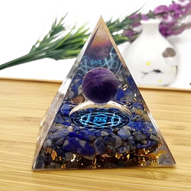 Orgonite Pyramid Resin Energy Generators, Reiki Round Natural Amethyst & Lapis Lazuli Chip Inside for Home Office Desk Decoration