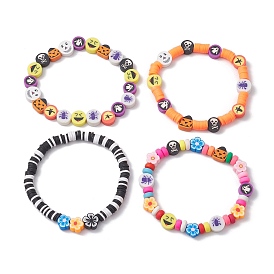 4Pcs 4 Styles Halloween Theme Flower Polymer Clay Beaded Stretch Bracelet Sets, Stackable Bracelets