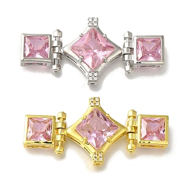 Rack Plating Brass Micro Pave Cubic Zirconia Clasp, with Glass Rhinestone, Lead Free & Cadmium Free, Long-Lasting Plated, Pink, Rhombus