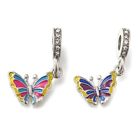 Rack Plating Alloy Enamel European Dangle Charms, Butterfly Large Hole Pendants with Crystal Rhinestone, Platinum
