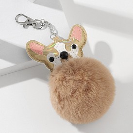 Adorable Laser-Cut Bull Terrier Keychain with Fluffy Pom-Pom - Cute Cartoon Dog Backpack Charm and Bag Accessory