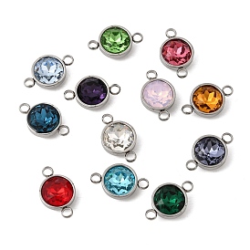 304 Нержавеющая сталь с ограненными звеньями из стекла с камнем рождения, плоскими круглыми подвесками-коннекторами, цвет нержавеющей стали