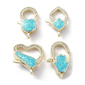 Brass Micro Pave Cubic Zirconia Lobster Claw Clasps, with Synthetic Opal, Cadmium Free & Lead Free, Long-Lasting Plated, Real 18K Gold Plated