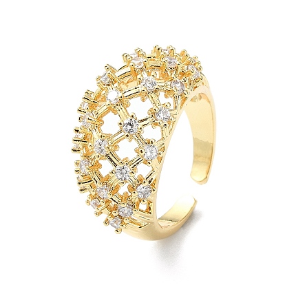 Rack Plating Brass Micro Pave Cubic Zirconia Open Cuff Rings, Cadmium Free & Lead Free, Long-Lasting Plated