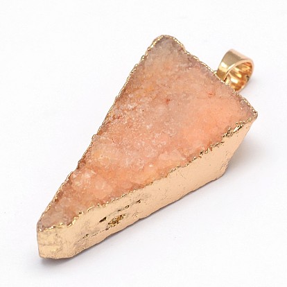 Dyed Natural Druzy Crystal Triangle Pendants, with Golden Tone Brass Findings, 30~38x18~20x6~9mm, Hole: 6x4mm