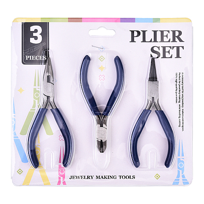 Jeu de pinces en acier, avec poignées en plastique, y compris pince coupante latérale, Pince à bijoux, bec rond, platine, pince coupe-fil à bec effilé