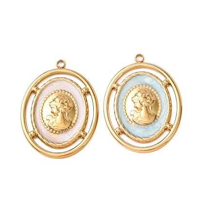 304 Stainless Steel with Enamel Pendants, PVD Vacuum Plating, Oval with Lady Portrait Charms, Golden