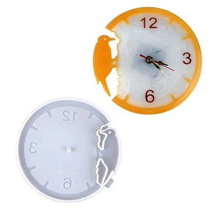 Flat Round with Woodpecker DIY Food Grade Silicone Clock Display Molds, Resin Casting Molds, for UV Resin, Epoxy Resin Craft Making
