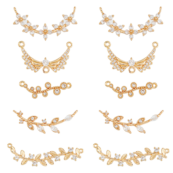 10шт. 5 стиль латунные подвески-подвески с прозрачным кубическим цирконием и звенья для люстр, Крыло ангела, оливковая ветвь и цветок