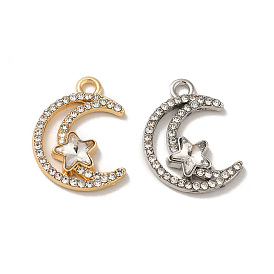 Rack Plating Alloy Crystal Rhinestone Pandants, with Clear Glass, Nickel Free, Moon with Star Charms